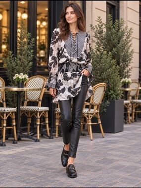 HANLEY MELLON 100% Silk Floral Lace-Up Tunic Top Size 6 NWOT